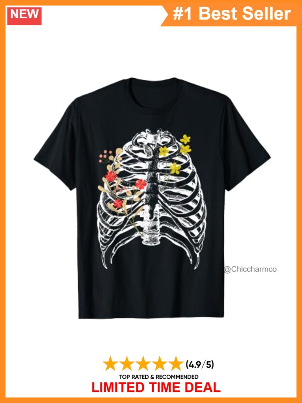 Anatomical Rib Cage Spine Flowers Skeleton T-Shirt Halloween Tee